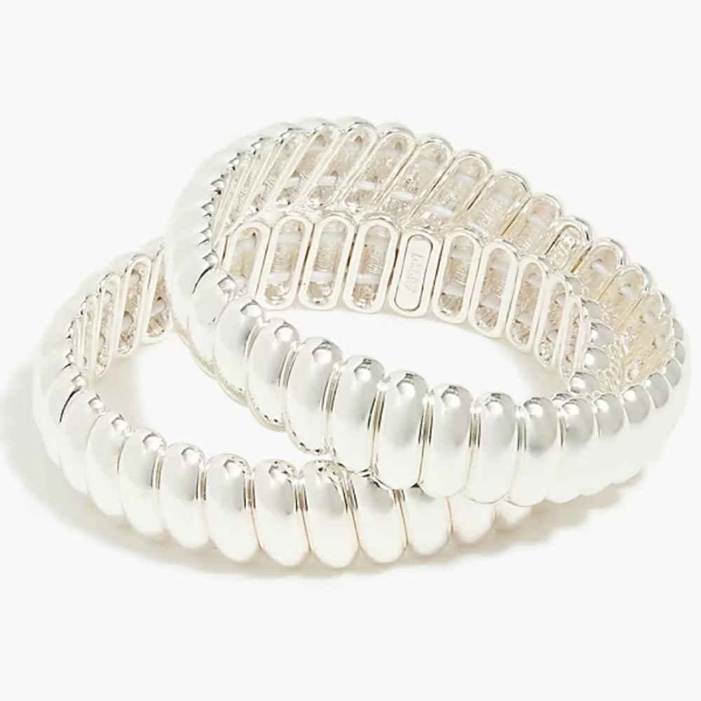 🆕 J. Crew Silver Metal Beaded Stretch Bracelets Set of 2